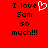 Red background with black pixelated text reading "I love Sam so much!!!" and a white pixelated heart symbol replacing the 'o' in 'love' on the left side.