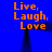Blue background with orange text "Live, Laugh, Love" arranged in four identical quadrants around a central black shape.