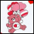 Pixelated pink Care Bear character with red accents, white belly emblem, and heart-shaped ears on a transparent background.