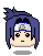 Pixel art character head with blue hair and silver forehead protector, four variations showing subtle facial expression changes.