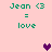 Pixel art displays 'Jean <3 = love' text with two heart icons on a light pink background.