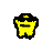 Pixelated yellow character with black outline, flat expression, and small rectangular mouth on gray background.
