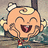 Pixelated cartoon character with light brown hair, closed eyes, and a wide open mouth showing teeth and tongue, wearing a white chef's hat and red-and-blue striped shirt.