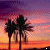 Pixelated sunset scene with palm tree silhouettes and animated heart symbols in the foreground.