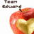 A split image shows a red apple with a bite on the left and three people in white shirts on the right, both labeled 'Team Edward' text.