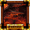 Pixel art frame with ornate golden border surrounding a fiery landscape of red and orange lava flows under dark smoke, labeled "PREVIEW" at bottom.
