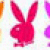 Red bunny silhouette with long ears and rounded body on light background, surrounded by partial colored shapes.