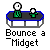 A pixelated animation of a green figure on a trampoline, with white circular heads and small flower-like objects, labeled 'Bounce a Midget' below.