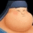 Pixelated image of a character with large round face and blue headband on red background, text in white pixel font.