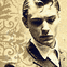 Static pixelated image of a person in formal attire against a patterned background with visible text elements.