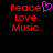 Red pixelated text 'Peace Love Music' with a pink heart symbol on black background, displayed in two identical side-by-side