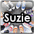 Animated sequence showing text "Suzie is cool!" over four distinct backgrounds: gray anime-style characters, colorful lips, blue abstract pattern, and solid gray.