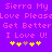 Purple background with pink pixelated text repeating 'Sierra My Love Please Get Better I Love U!' and yellow/brown star-like symbols below.