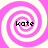 Four identical pink and white spiral patterns arranged in a , each containing the text 'kate' in black pixelated font at the center