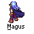 Pixel art character with blue hair and star on forehead, wearing purple cape over orange-brown armor, standing against gray background.