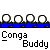 Pixelated character with white head and blue body in repeated animation frames, text "Conga Buddy" below each frame.