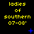 Yellow text 'ladies of southern 07-08' repeated in a with blue star and cross symbols on a black background