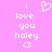 Pixelated text and symbols on a solid pink background with white elements including 'i', 'love you haley', '<3', and a heart shape.