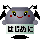 Pixelated gray character with black wing-like appendages, yellow eyes, red cheeks, and a smiling mouth holding a light green sign with Japanese text.