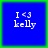 Blue square icon with white text "I <3 kelly" on a green border, showing pixelated variations across four views.