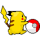 Pixelated yellow Pikachu with brown stripes holds a Poké Ball that cycles through red/white/grey states across frames.