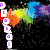 A static pixelated image shows a vertical column of white squares with purple symbols on the left, against a dark background with a rainbow-colored gradient extending rightward.