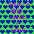A static digital image with a repeating pattern of blue hearts on green background, overlaid with pink text reading "Jessica And Jacob = Love" in multiple