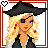 Animated contact sheet of a pixel-art pirate character with blonde hair, eye patch, and black tricorn hat across multiple frames showing different poses and text labels.