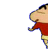Animated cartoon character in red shirt and beige shorts performing a running motion with closed eyes, mouth open showing tongue, black hair with small tuft on top.