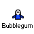 Pixel art character in blue shirt with white face and black hair, performing bubblegum animation sequence on gray background.