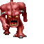 Red muscular demon-like creature with glowing yellow eyes and sharp teeth in various poses on gray background.