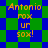 Pixelated text 'Antonio rox ur sox!' on a blue-green checkered background with two distinct patterns