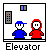Pixel art of two figures in an elevator with changing floor indicators and a visible 'Elevator' label below.