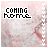 Pixelated 'COMING PROFILE' text on a pink marble background with small white and red symbols along the right edge.
