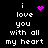 Black background with white pixelated text reading "i love you with all my heart" and three distinct purple pixel art symbols.