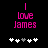 Pixelated pink text "I love James" on black background with white and gray heart symbols below, two variations of heart positions.