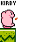Pixel art animation of a pink character on green platforms with orange particles, text "KIRBY" above and below each frame.