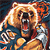 Pixelated static image of a bear mascot with open mouth and visible teeth, wearing blue clothing against dark background.