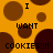 Pixelated orange background with brown circular cookie shapes and repeated text "I WANT COOKIES!!!" in black block letters.