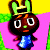 Pixelated character with dark brown skin, large white-rimmed eyes, green nose, and green crown-like headpiece against yellow and pink background.