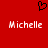 Red background with black pixelated heart symbol above two identical white pixelated text strings reading Michelle.