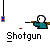 Pixelated character in teal shirt holds shotgun, firing with muzzle flash and shell ejection