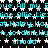 Animated icon with repeating text and star patterns on black background, cyan text over white stars.