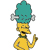 Pixelated yellow-skinned character with teal hair, wearing a green collar and holding an object in right hand.
