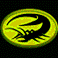 Four yellow circular icons with black scorpion silhouettes on a dark background, one vertical bar icon to the right.