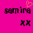 Pixelated text 'samira' with orange heart above left instance, black 'xx' below both instances on bright pink background.