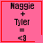 Four pink square with red borders display 'Maggie + Tyler = <8' text; the top-right has a small red heart, and bottom-right has a small red star