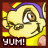 Pixelated cartoon icon of a yellow creature with purple hair and brown eyes, wearing a yellow top, holding food near its mouth with text "YUM!" below.