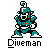 Pixel art character with teal armor, red cross on chest, white gloves and shoes, black outline, standing pose against gray background.