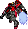 A red and gray mecha with blue exhaust trails undergoes sequential animation frames showing weapon fire, explosions, and damage effects.